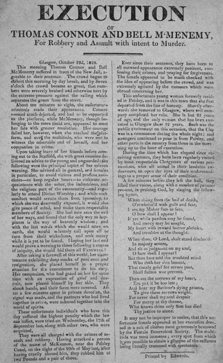 Broadside entitled 'Execution of Thomas Connor and Bell McMenemy'