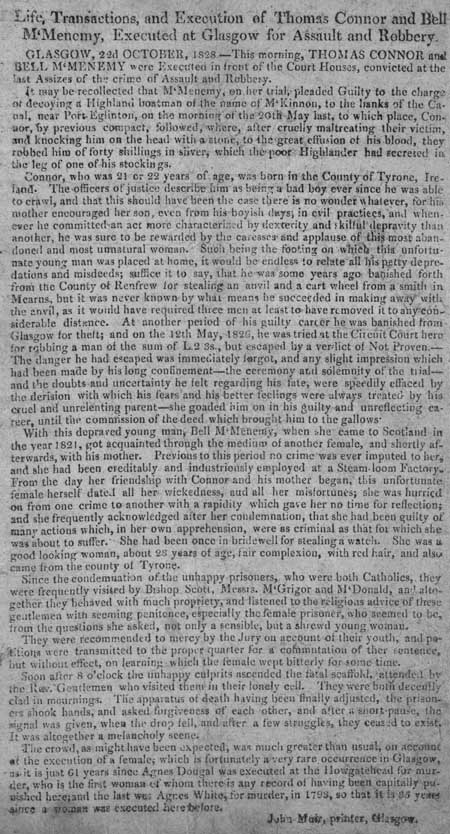 Broadside concerning the execution of Thomas Connor and Bell McMenemy