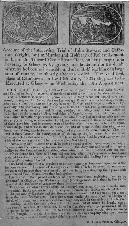 Broadside concerning the trial of John Stewart and Catherine Wright for murder
