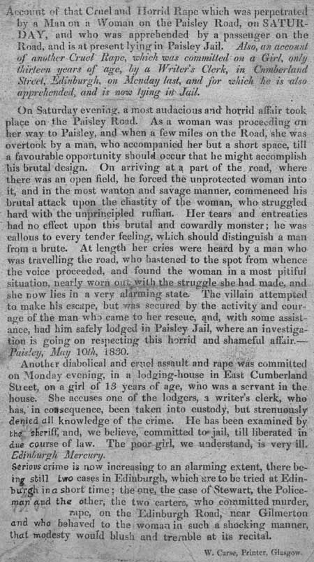 Broadside reporting two separate cases of rape, in Paisley and Edinburgh, 1830