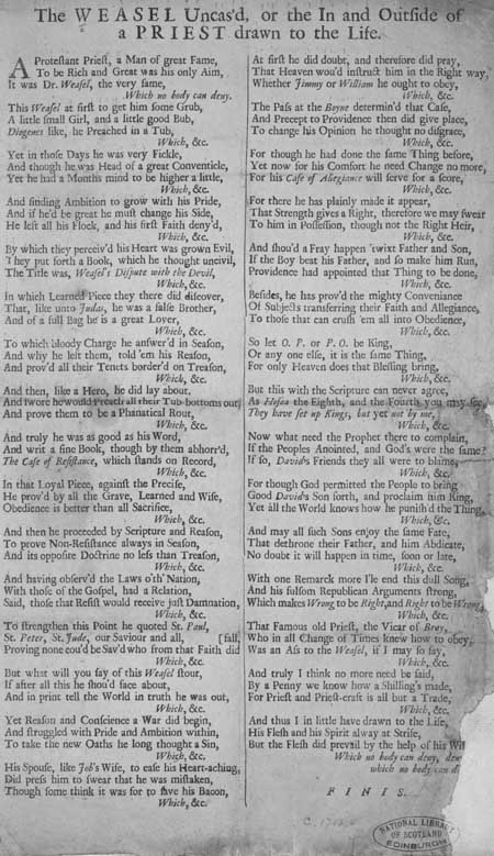 Broadside ballad entitled ' The Weasel Uncas'd, or the In and Outside of a Priest Drawn to the Life'