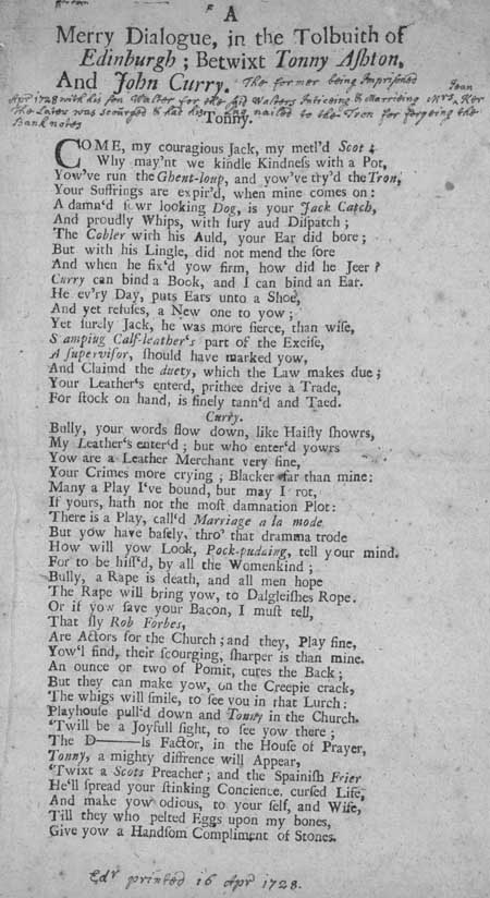 Broadside ballad entitled 'A Merry Dialogue, in the Tolbuith of Edinburgh; Betwixt Tonny Ashton, and John Curry'