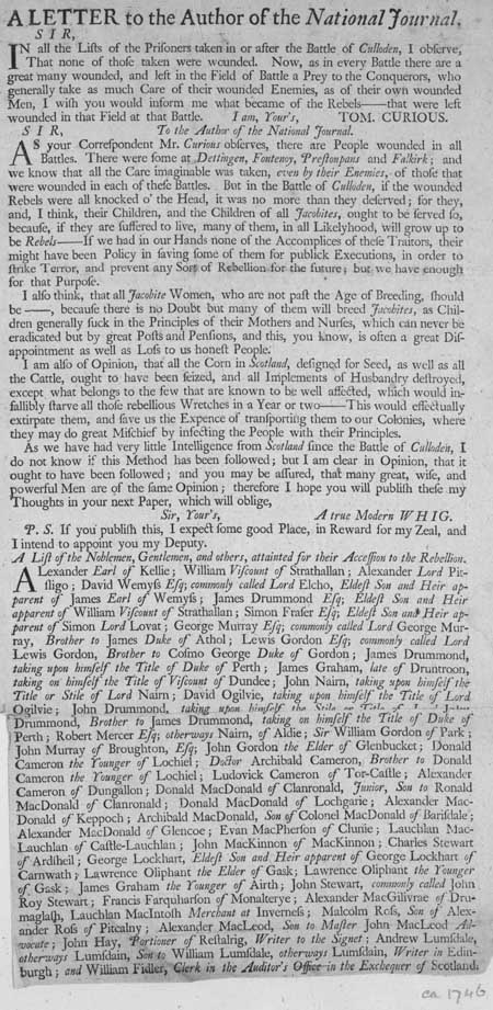Broadside entitled 'A Letter to the Author of the National Journal'