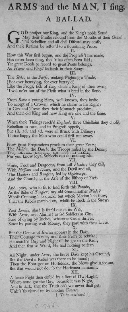 Broadside ballad entitled 'Arms and the Man, I Sing'