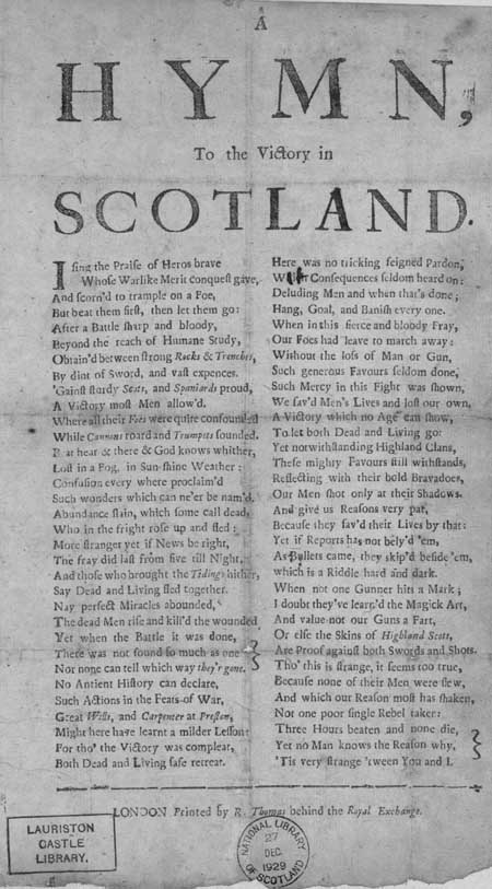 Broadside ballad entitled 'A Hymn, to the Victory in Scotland'