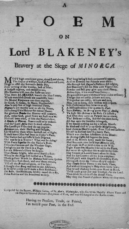 Broadside entitled 'A Poem on Lord Blakeney's Bravery at the Siege of Minorca'