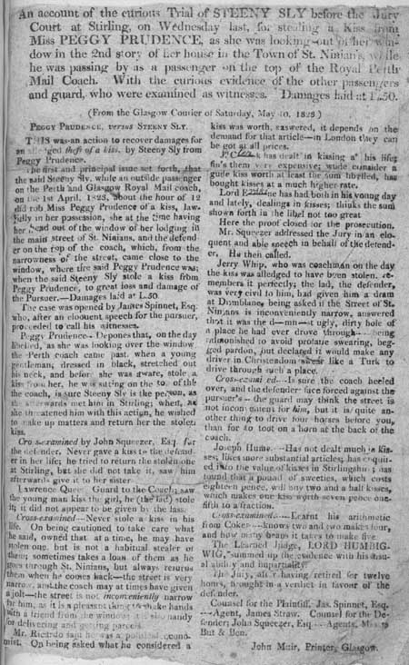 Broadside story concerning a stolen kiss from Miss Peggy Prudence in the town of St. Ninian's