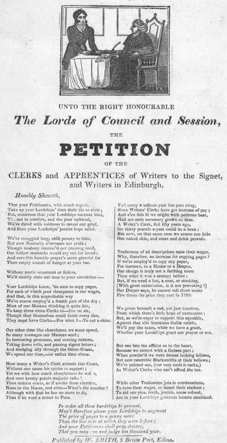 Broadside regarding a petition of the clerks and apprentices of Writers to the Signet