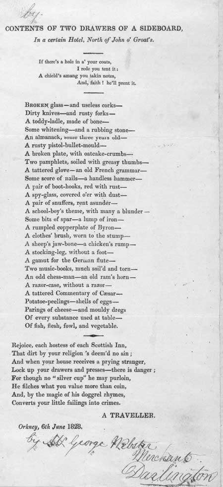 Broadside regarding the contents of a sideboard
