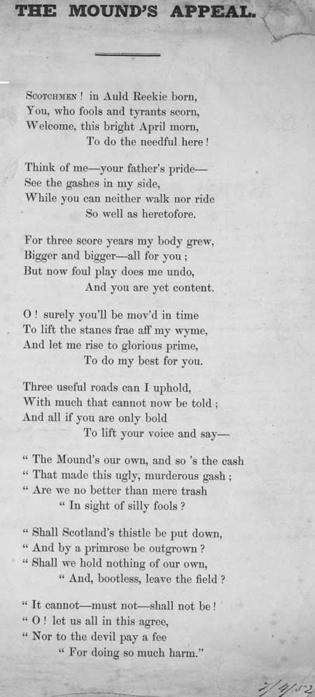 Broadside ballad entitled 'The Mound's Appeal'