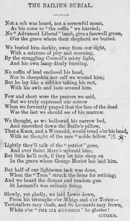 Broadside ballad entitled 'The Bailie's Burial'