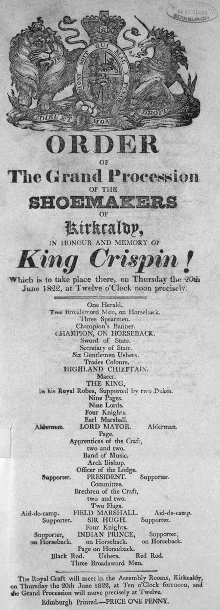 Broadside entitled 'Order of the Grand Procession of the Shoemakers of Kirkcaldy, in Honour and Memory of King Crispin !'