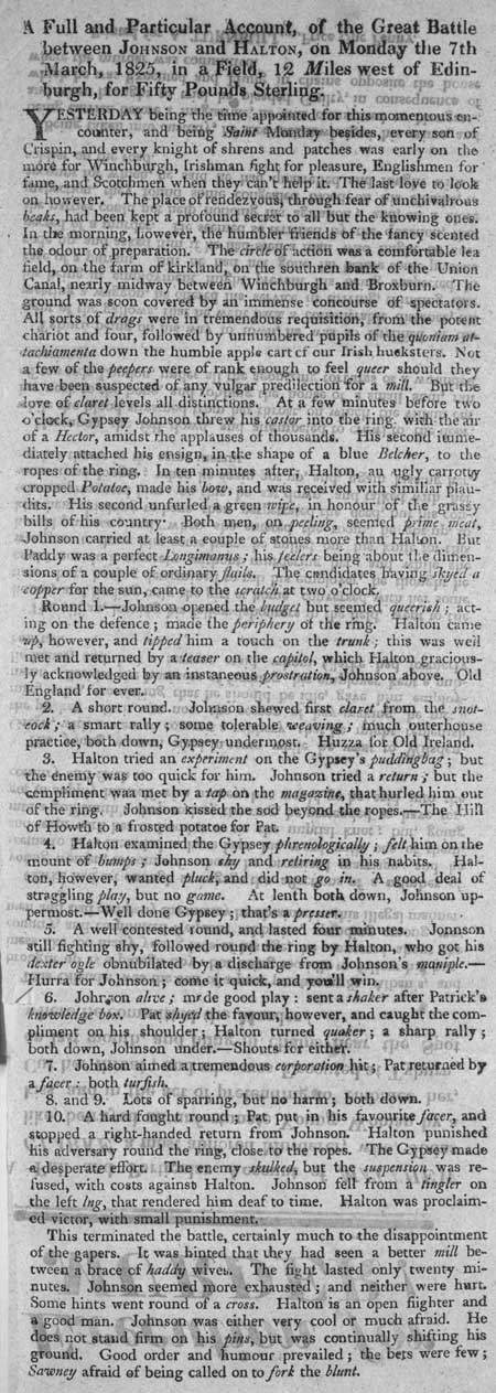 Broadside ballad entitled 'Account of the Great Battle between Johnson and Halton'