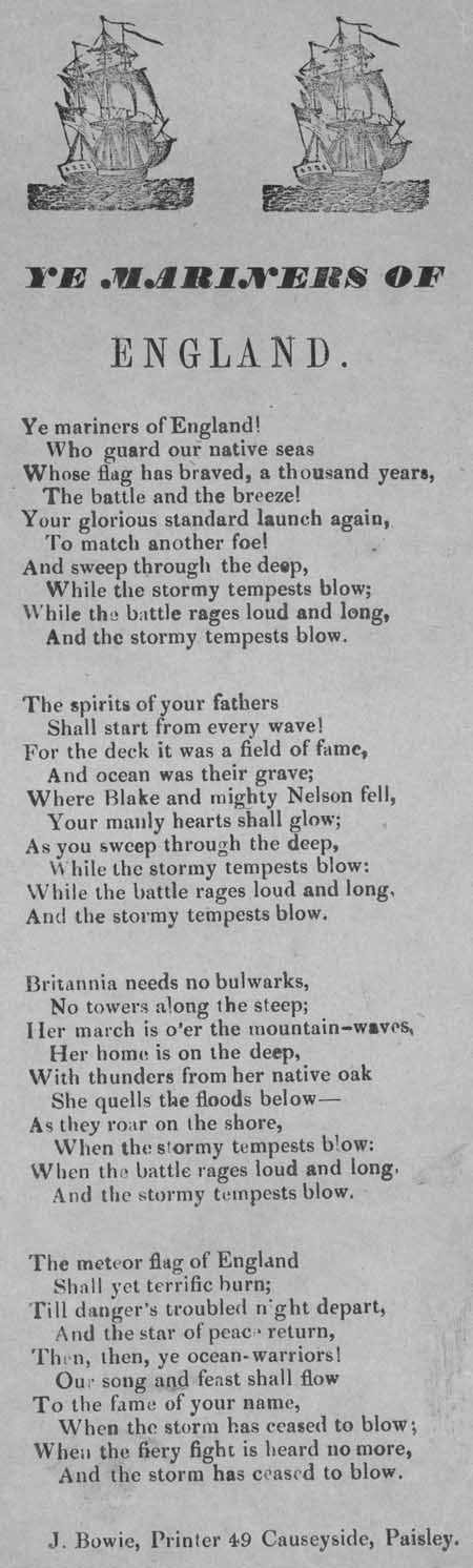 Broadside ballad entitled 'Ye Mariners of England'