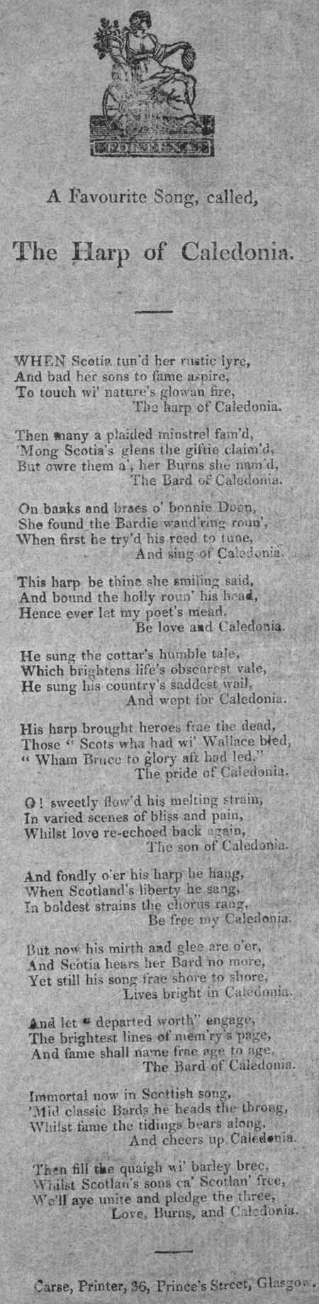 Broadside ballad entitled 'The Harp of Caledonia'