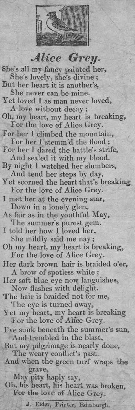 Broadside ballad entitled 'Alice Grey'