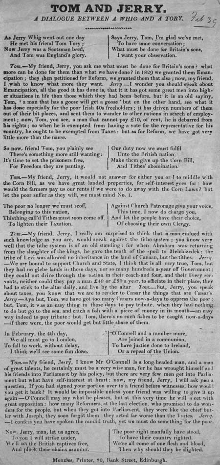Broadside entitled 'Tom and Jerry, a dialogue between a Whig and a Tory'