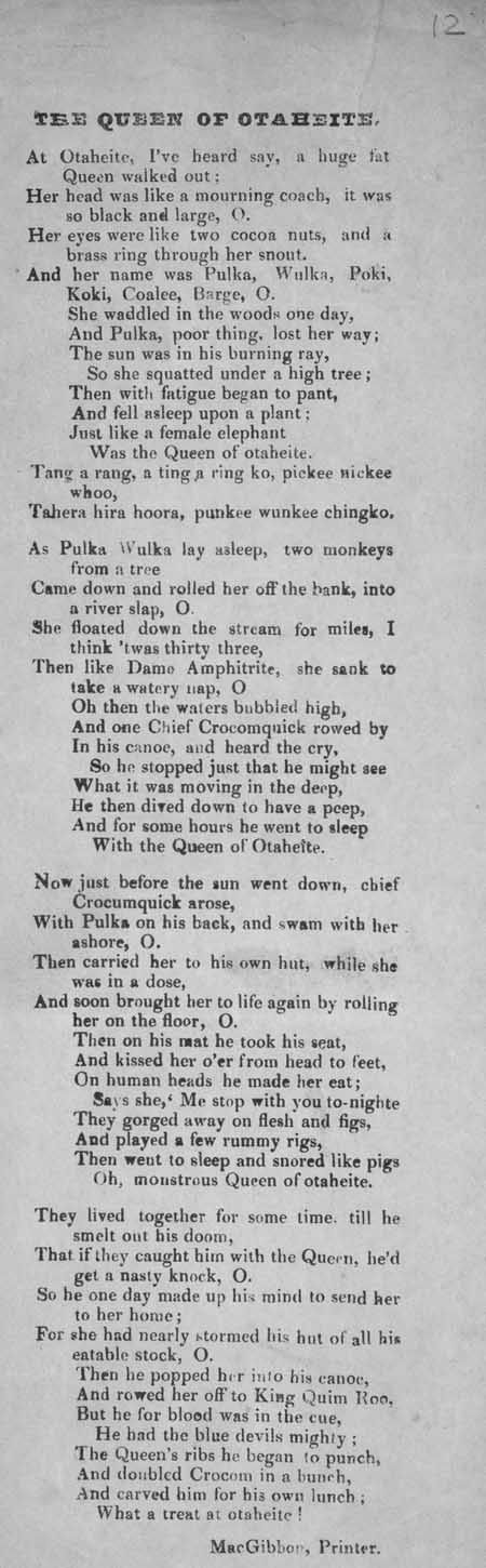Broadside ballad entitled 'Queen of Otaheite'