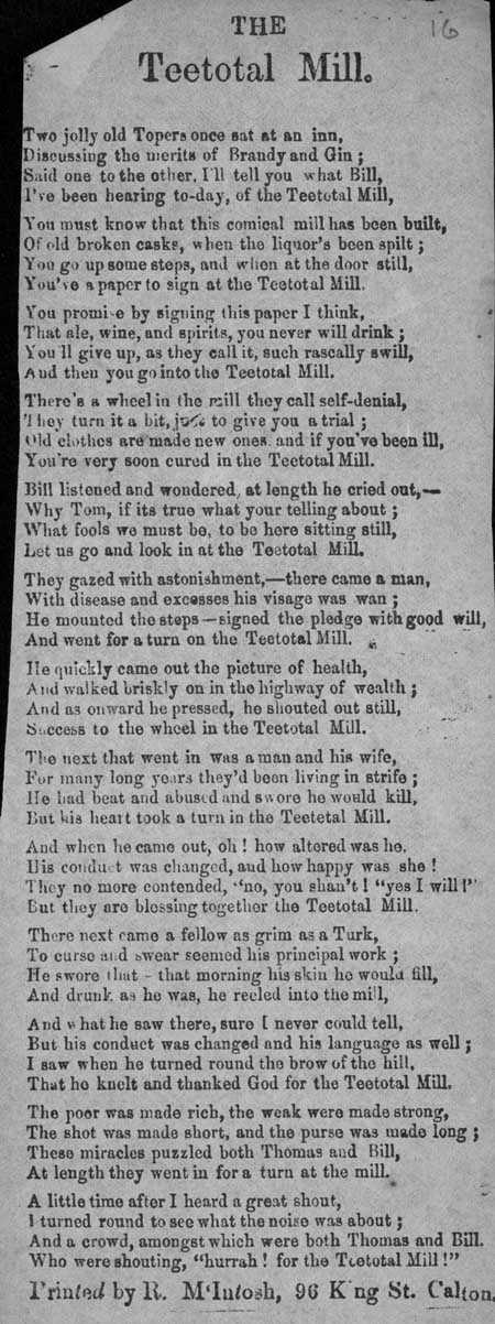 Broadside ballad entitled 'The Teetotal Mill'