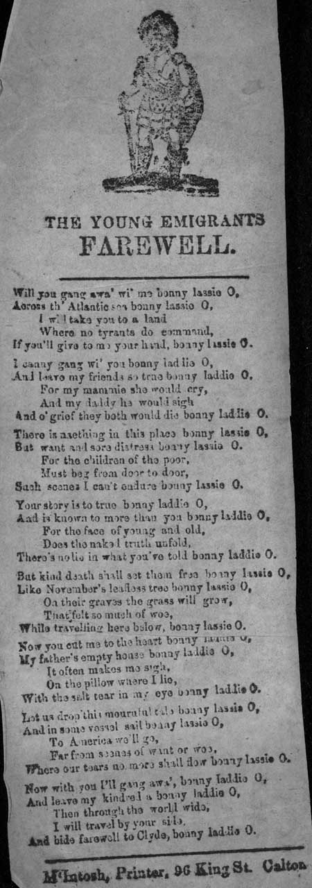 Broadside ballad entitled: 'The Young Emigrant's Farewell'