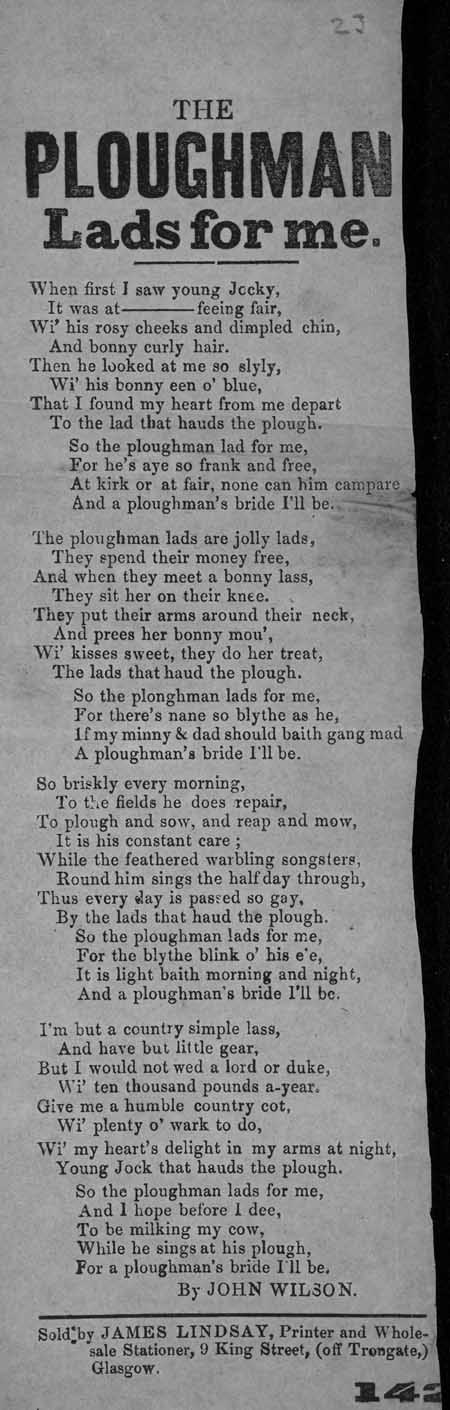 Broadside ballad entitled 'A Ploughman Lad's For Me'