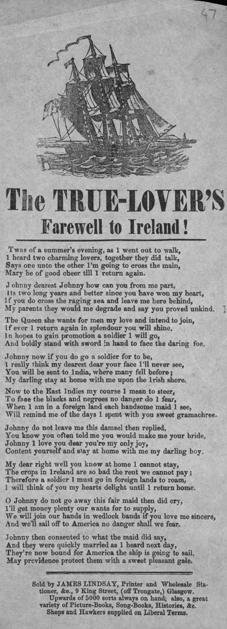 Broadside ballad entitled 'The True-Lover's Farewell to Ireland!'