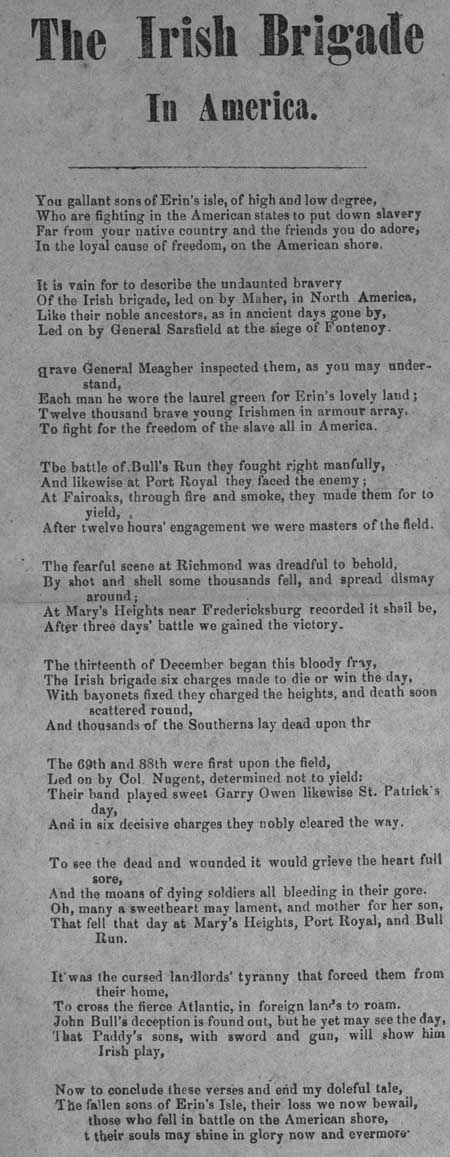 Broadside ballad entitled 'The Irish Brigade In America'