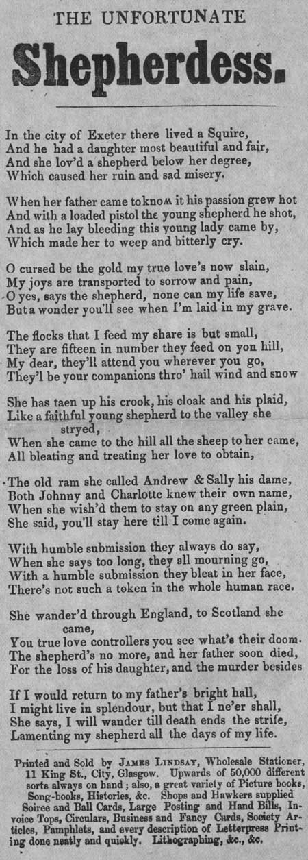 Broadside ballad entitled 'The Unfortunate Shepherdess'