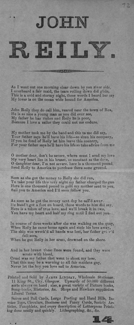 Broadside ballad entitled 'John Reilly'