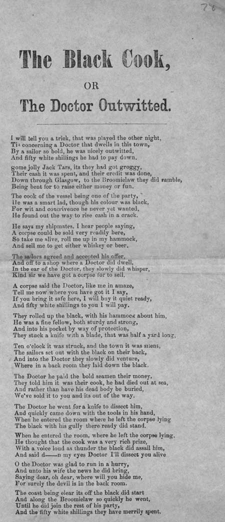 Broadside ballad entitled 'The Black Cook, or The Doctor Outwitted'