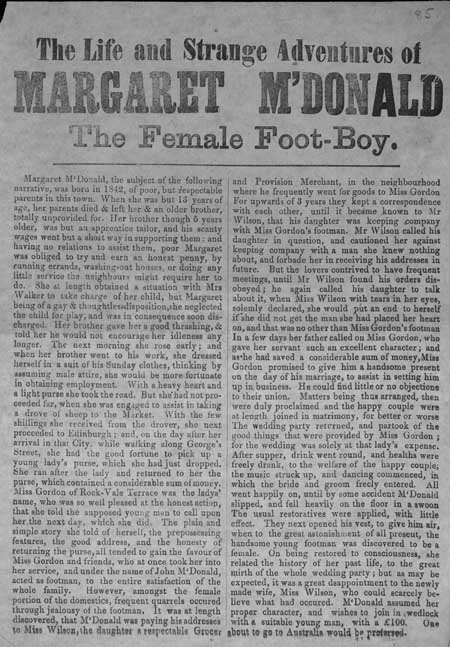 Broadside entitled 'The Life and Strange Adventures of Maragaret M'Donald the Female foot Boy'