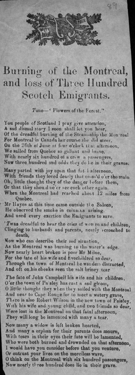 Broadside ballad entitled 'Burning of the Montreal and loss of Three Hundred Scotch Emigrants'
