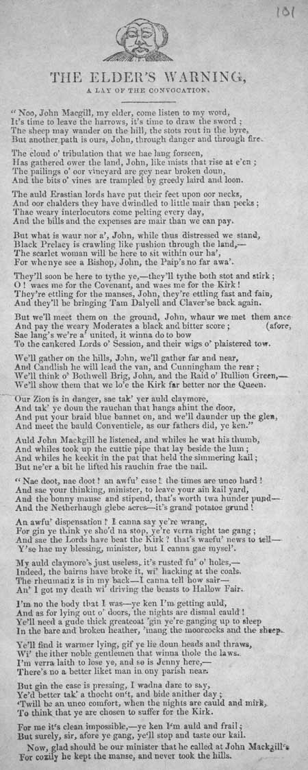 Broadside ballad entitled 'The Elder's Warning, A Lay of the Convocation'
