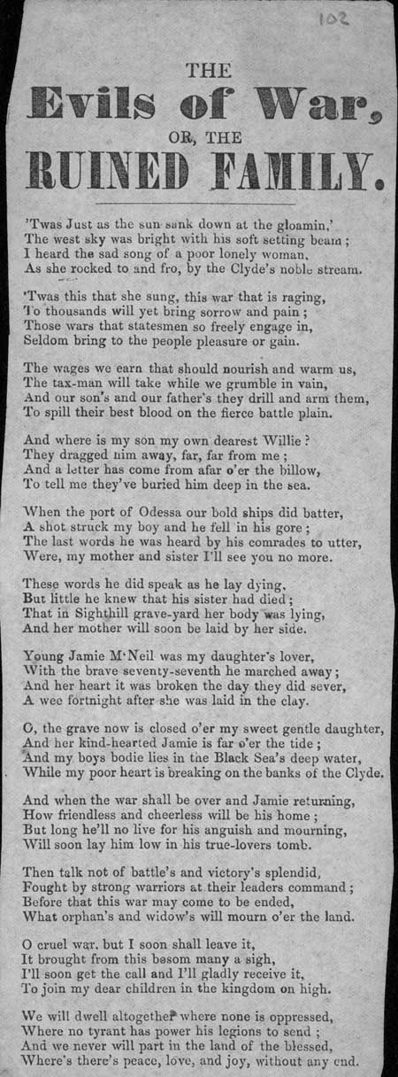 Broadside ballad entitled 'The Evils of War Or, The Ruined Family'