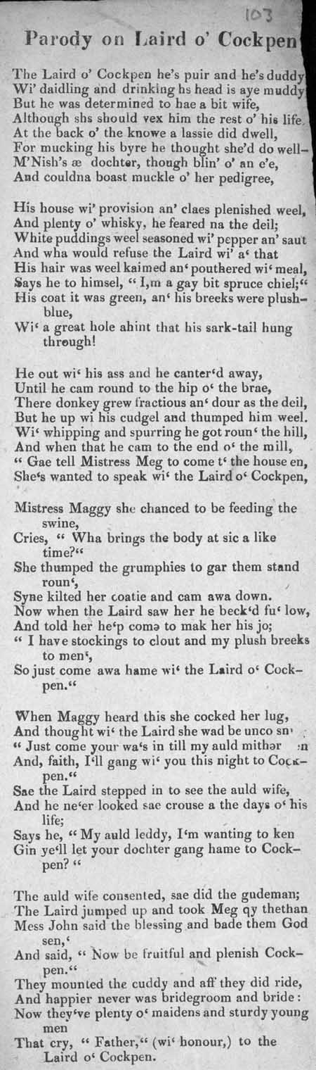 Broadside ballad entitled 'Parody on Laird o' Cockpen'