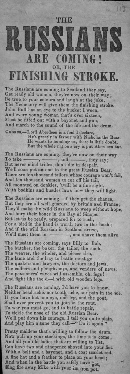 Broadside ballad entitled 'The Russians Are Coming! Or, the Finishing Stroke'