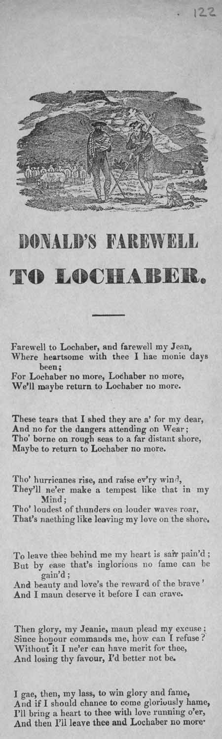 Broadside ballad entitled 'Donald's Farewell to Lochaber'