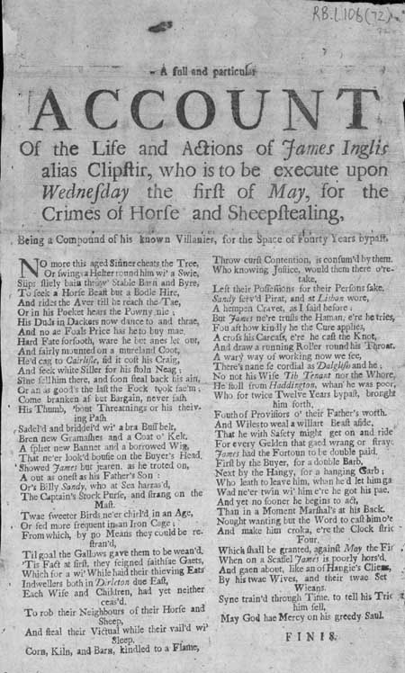 Broadside ballad concerning the life of James Inglis or Clipstir, who was executed for horse and sheep stealing
