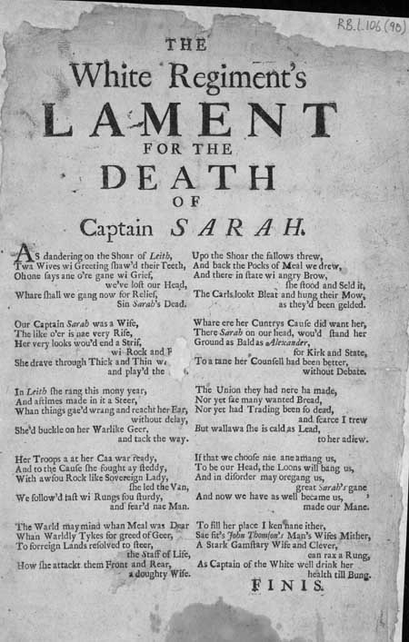Broadside entitled 'The White Regiment's Lament for the Death of Captain Sarah'