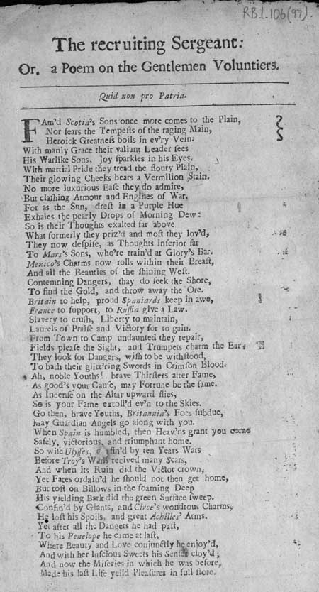 Broadside ballad entitled 'The recruiting Sergeant: Or, a Poem on the Gentleman Voluntiers'