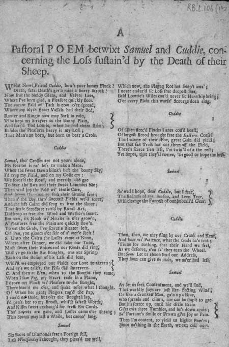Broadside ballad entitled 'A Pastoral Poem betwixt Samuel and Cuddie'