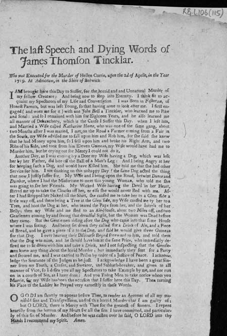Broadside entitled 'The Last Speech and Dying Words of James Thomson Tincklar'