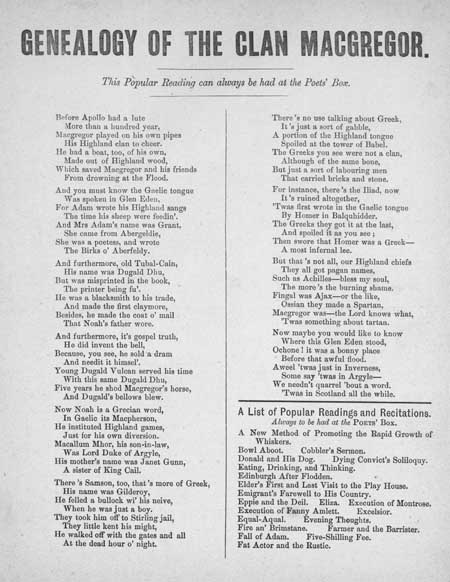 Broadside ballad entitled 'Genealogy of the Clan MacGregor'