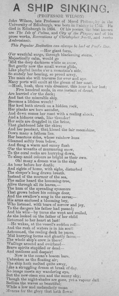 Broadside recitation entitled 'A Ship Sinking'