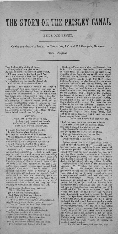 Broadside ballad entitled 'The Storm on the Paisley Canal'