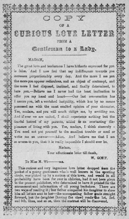 Broadside entitled 'Copy of a Curious Love Letter from a Gentleman to a Lady'