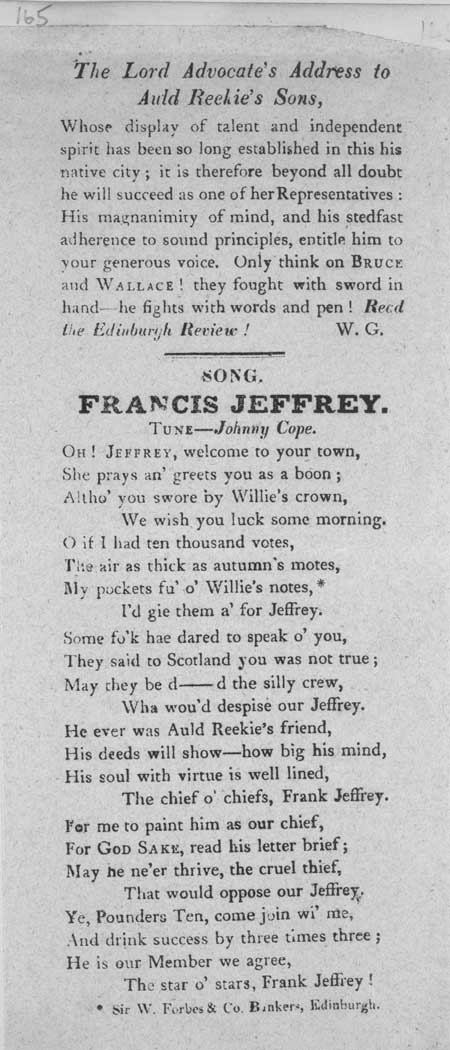 Broadside entitled ' The Lord Advocate's Address to Auld Reekie's Sons' and the ballad 'Francis Jeffrey'