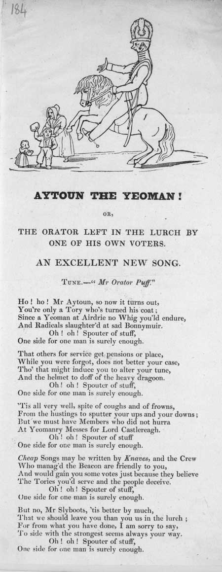 Broadside ballad entitled 'Aytoun the Yeoman!, or, The Orator Left in the Lurch by one of his Own Voters'