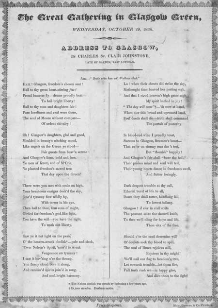 Broadside ballad entitled 'The Great Gathering in Glasgow Green, Wednesday, October 29, 1834'