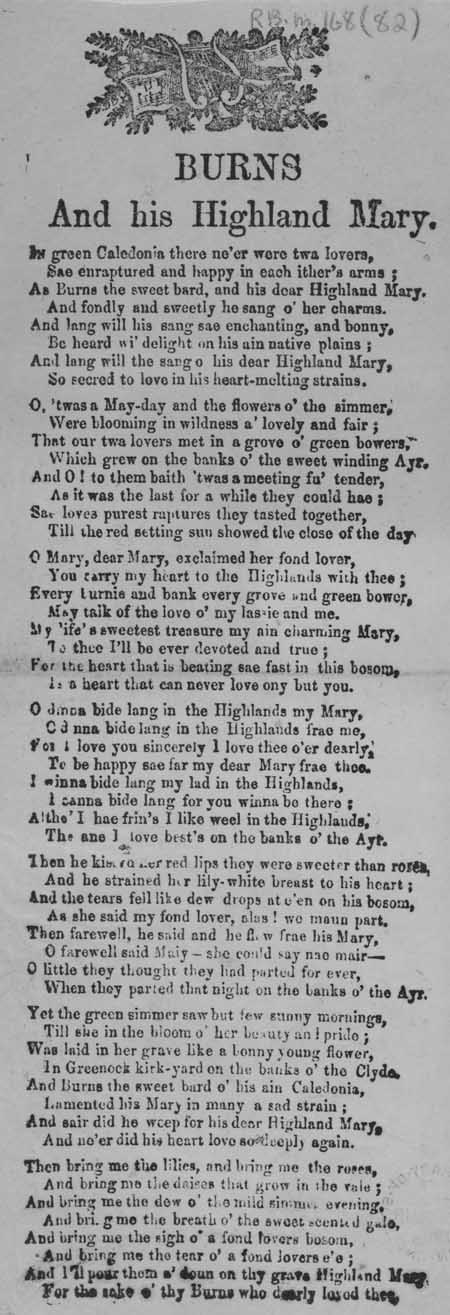 Broadside ballad entitled 'Burns and his Highland Mary'